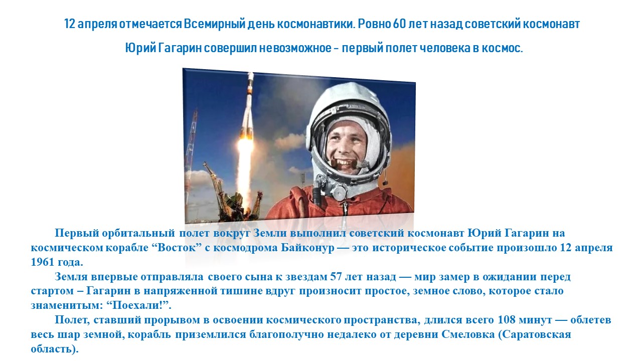 Когда был совершен первый полет человека. Первый полет человека в космос Гагарин. Гагарин космонавт 12 апреля.